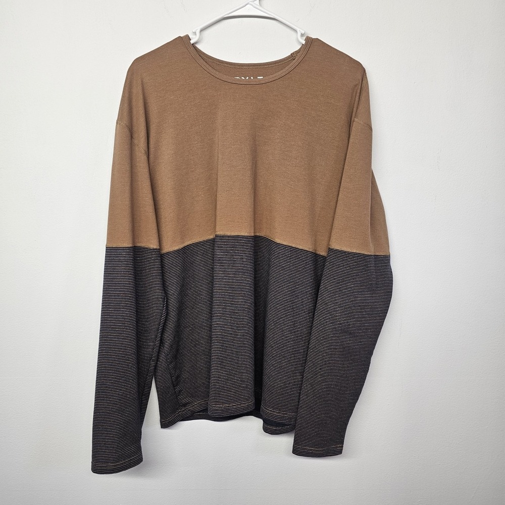 BYLT Mens XL Brown Colorblock‎ Striped Premium Crew Long Sleeve Pullover Shirt